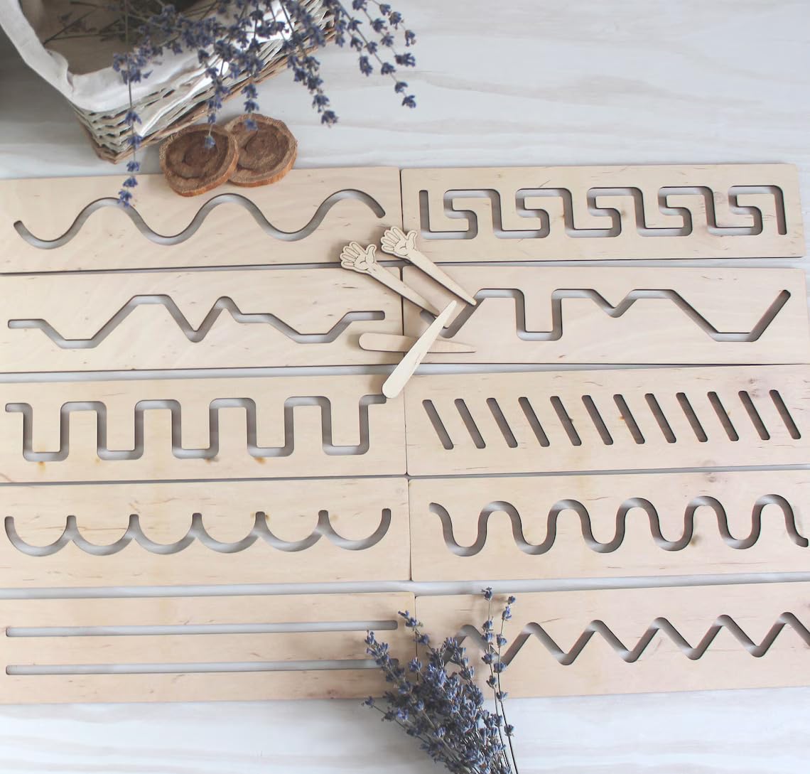 Set of 10 Wooden Stencils for Kids – Montessori Tracing Boards, Prewriting Learning Tool for Homeschool & Preschool – Natural Pine MDF Toys, Size 10.2 x 3.15 Inch