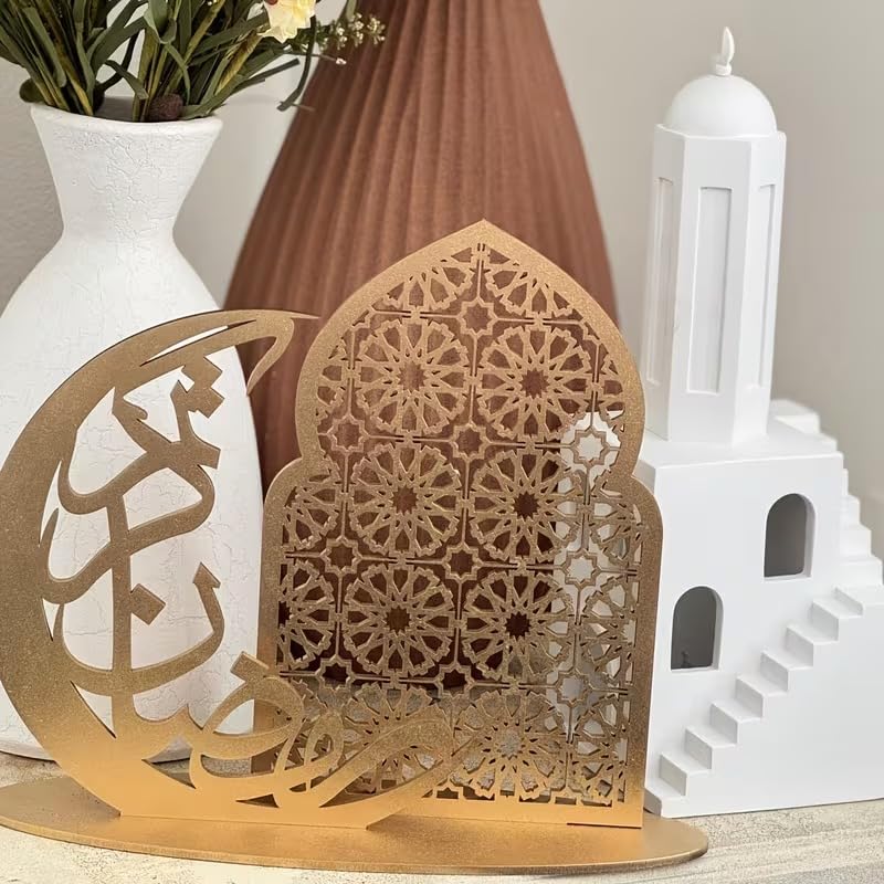 Ramadan Mubarak Wooden Tabletop Decor | Islamic Eid Al Fitr Decorative Sign | Crescent Moon Mosque Design