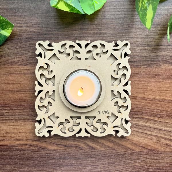 2 Pcs Wooden MDF Tea Light Holder 6x6 Inch – 3 Layered Nested Mandala Design Candle Holder for Diwali, Pooja, Home Decor