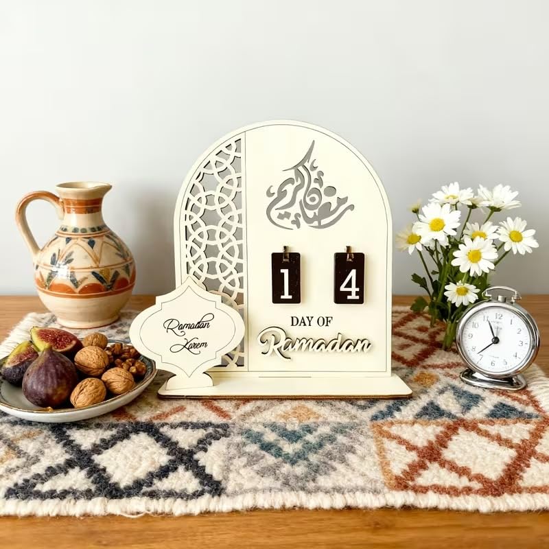 Wooden Ramadan Countdown Calendar Set | Ramadan Kareem Flip Numbers Tabletop Decor