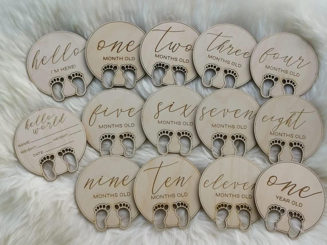 Haoser Milestone Cards for New Born Baby, Wooden Monthly Baby Milestone Markers, Unique Baby Gift, Milestone Photo Cards, 1-12 Months Wood Milestone Disc Set - Haoser