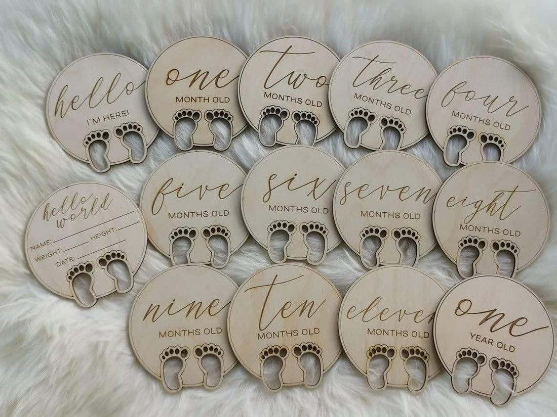 Haoser Milestone Cards for New Born Baby, Wooden Monthly Baby Milestone Markers, Unique Baby Gift, Milestone Photo Cards, 1-12 Months Wood Milestone Disc Set - Haoser