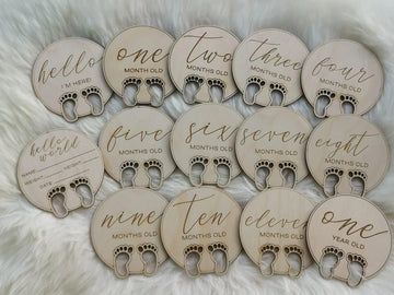 Haoser Milestone Cards for New Born Baby, Wooden Monthly Baby Milestone Markers, Unique Baby Gift, Milestone Photo Cards, 1-12 Months Wood Milestone Disc Set - Haoser