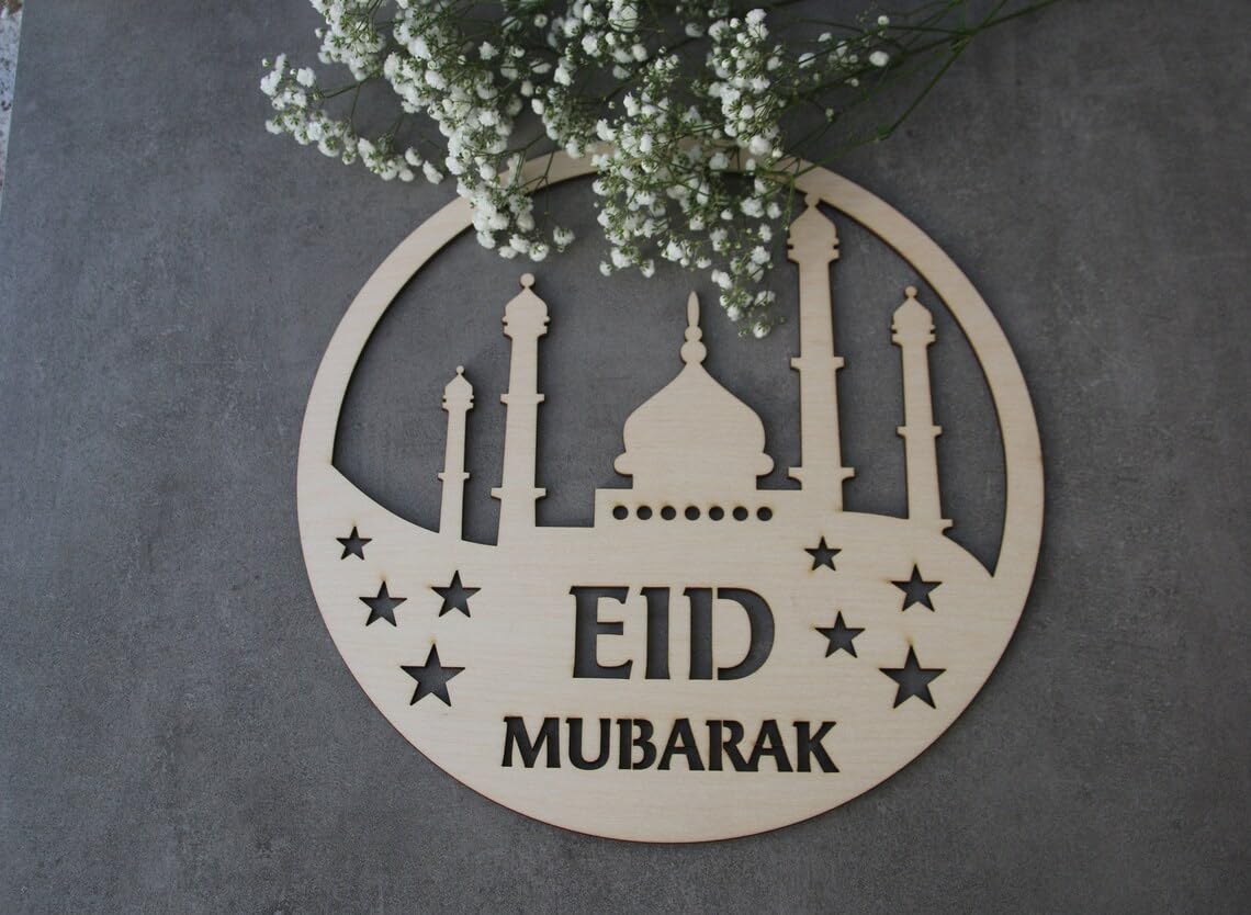 Haoser Round Mosque Ramadan eid Decorations Moon Ornament Sign Ramadan Kareem Sign Blessed Ramadan Sign Eid Mubarak Islamic Gifts Islamic Wooden Signs