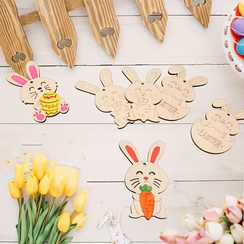 8 Pcs Wooden Easter Ornaments Set – Bunny, Chick & Egg Hanging Decorations