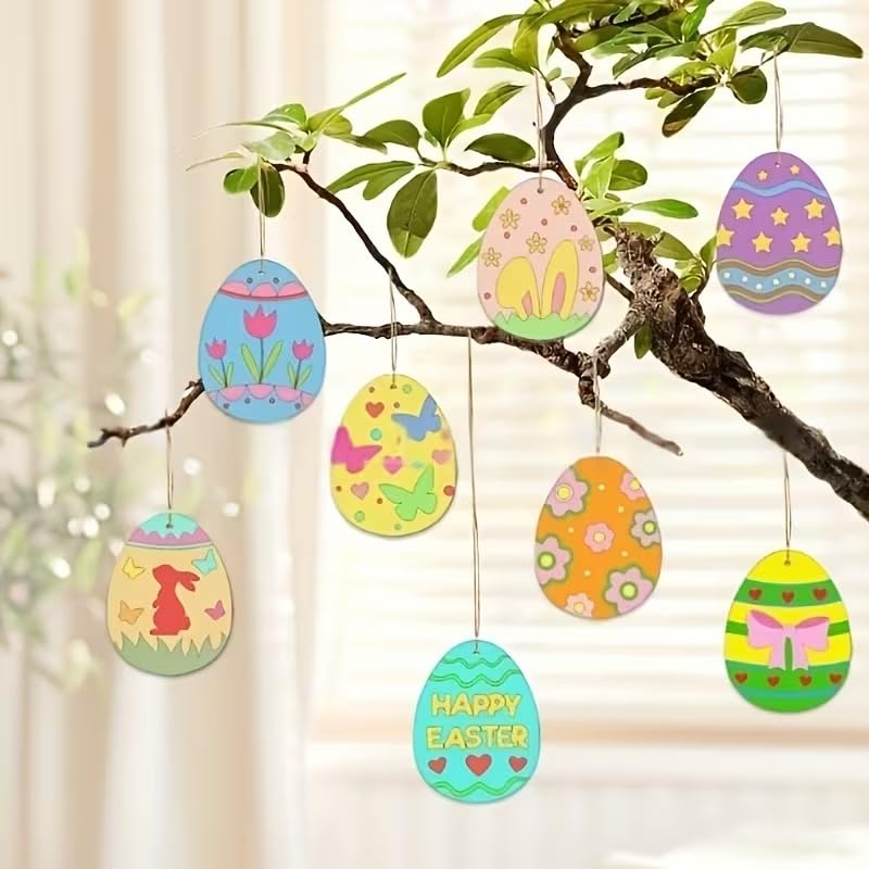 10 Pcs Easter Wooden Egg Ornaments Set | Blank Egg Shaped Wooden Cutouts with Rope for DIY Painting