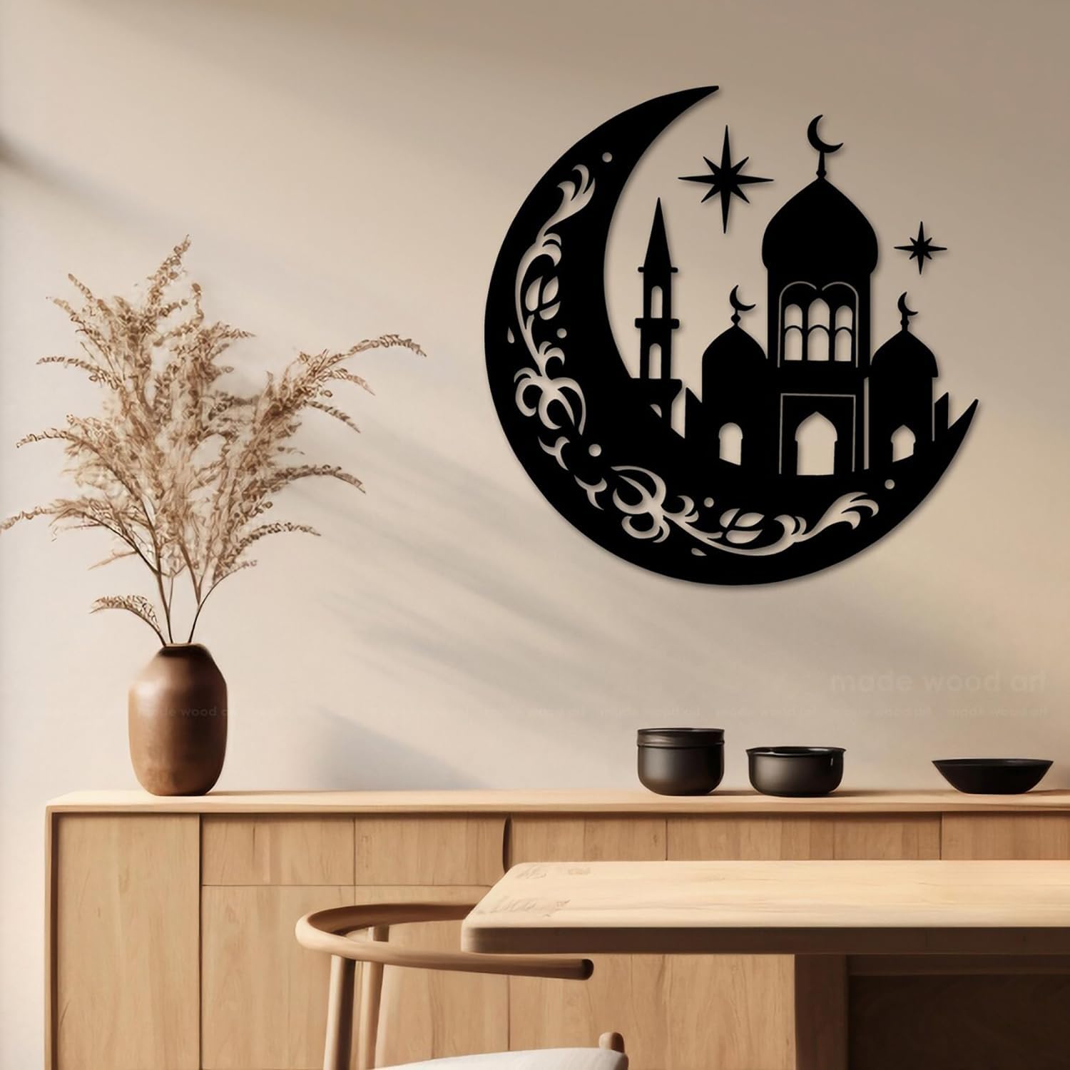 Islamic Wall Art Wooden Crescent Moon Mosque Design | Ramadan Eid Mubarak Home Decor