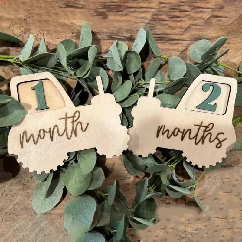 2 Pcs Baby Monthly Milestone Wood Number Signs – Tractor-Themed MDF Monthly Milestone Board