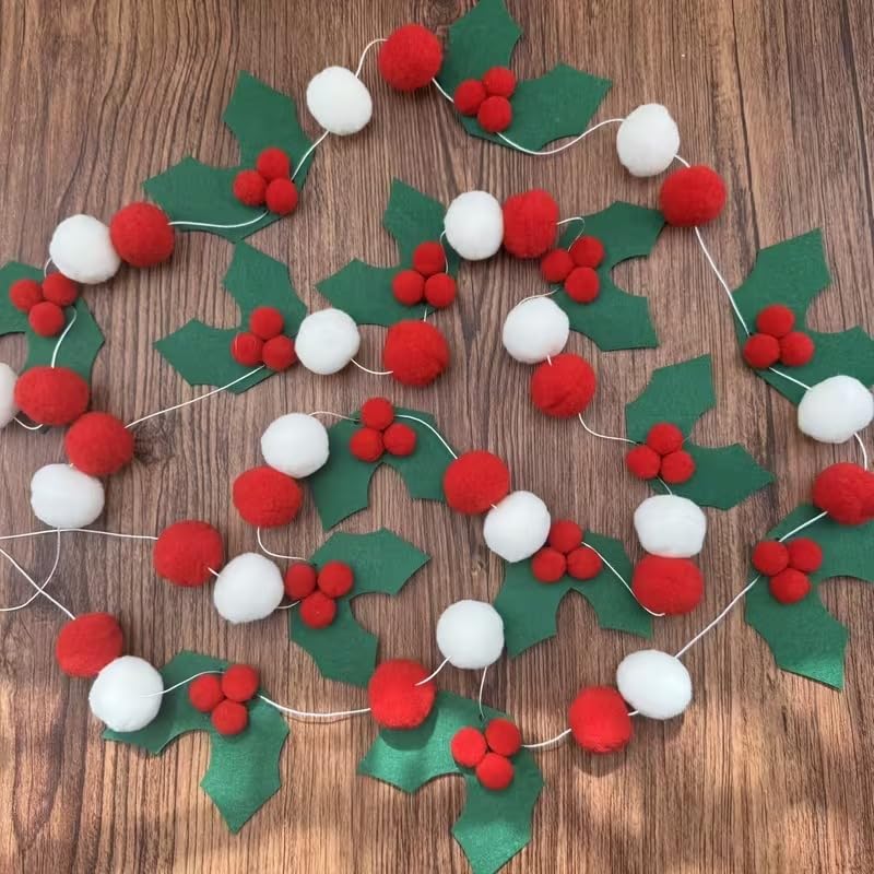 2 pcs Felt Holly Berry Garland with Red Berries & White Pompoms