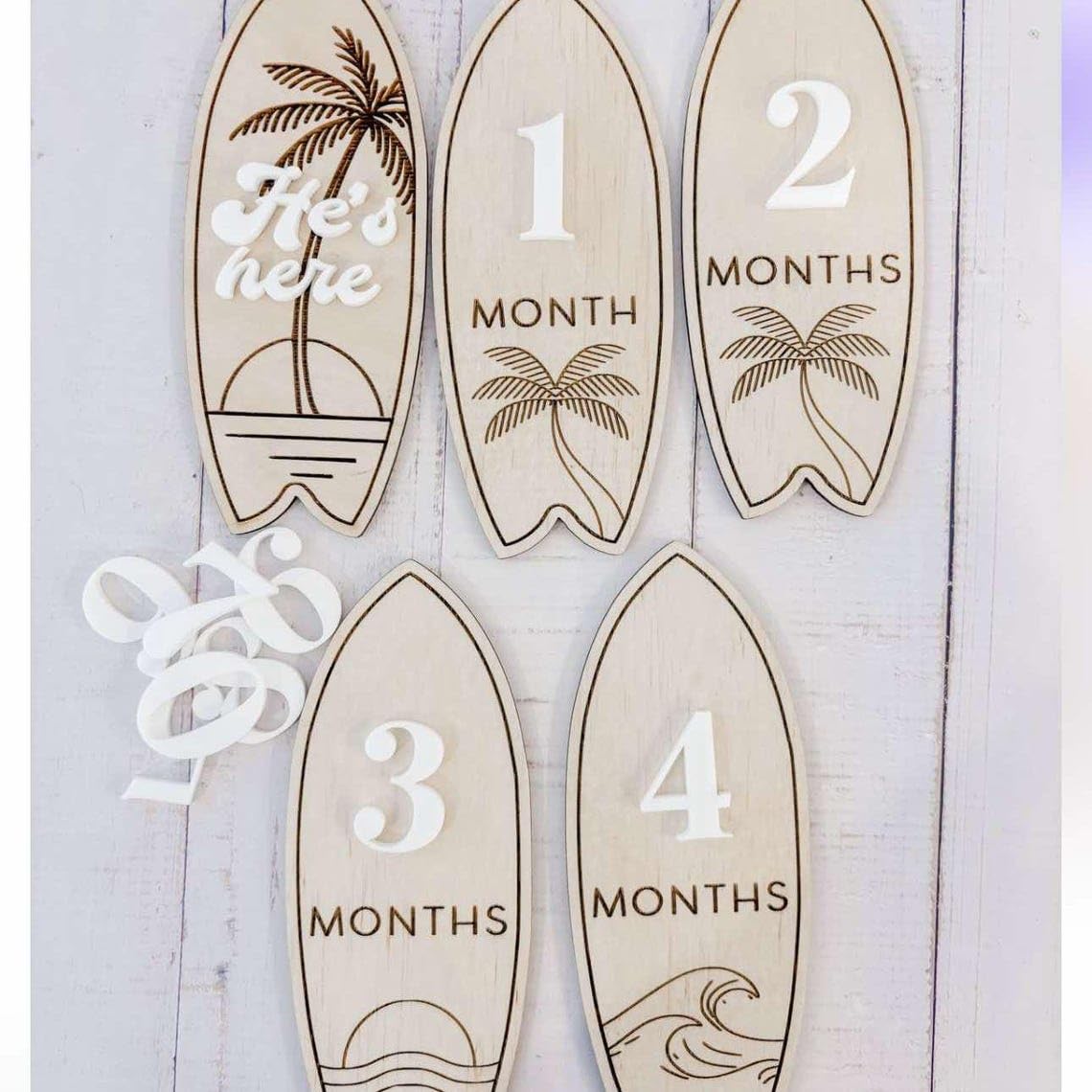 Baby Milestone Cards – Wooden Monthly Milestone 2 Discs with 11 Interchangeable Numbers, Minimalist Surfboard Baby Photo Props for Newborn Photography, 4 Inch