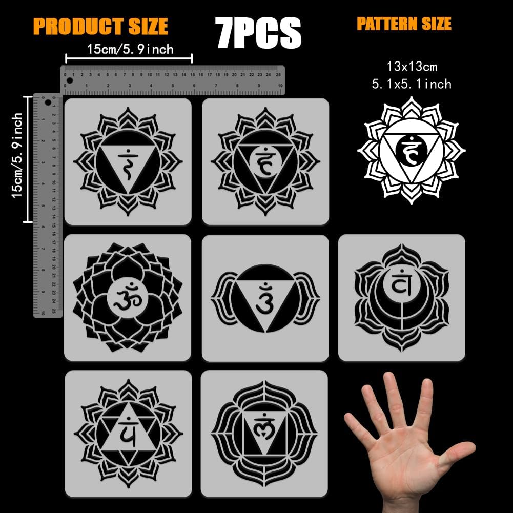7 Chakra Stencils for Painting – 5.9 Inch Reusable Human Chakra Symbols Template