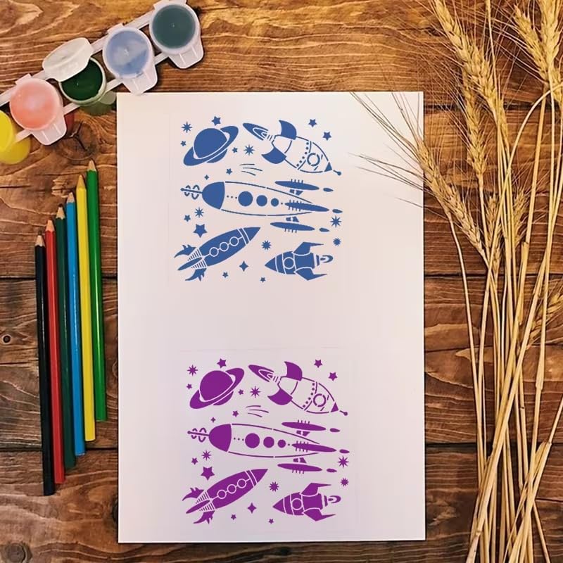 Rocket Space Painting Stencil | Reusable Craft Stencil | Rocket, Planet & Stars Template for Wall Painting