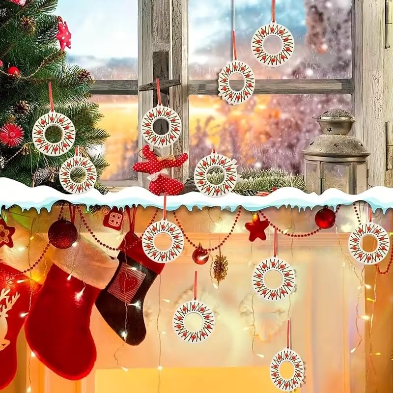 10 Pcs Christmas Wooden Wreath Ornaments Craft Kit – 4 Inch Pine MDF Cutouts for Kids DIY Sewing Crafts