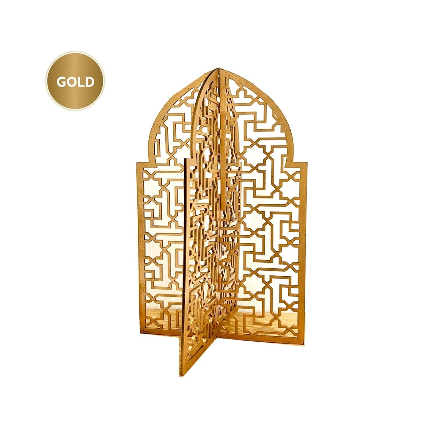 Wooden 3D Mosque Cutout, Gold Finish – Arabic Arch Masjid MDF Cutout