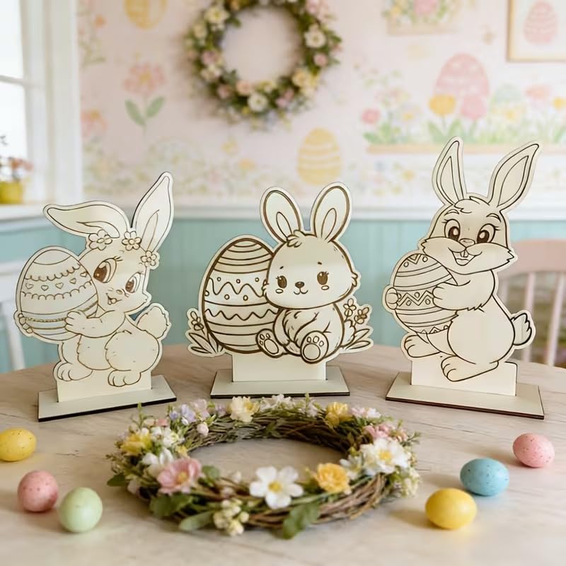 3 Pcs DIY Easter Craft Kit – Paint Your Own Rabbit & Egg Wooden Tabletop Signs