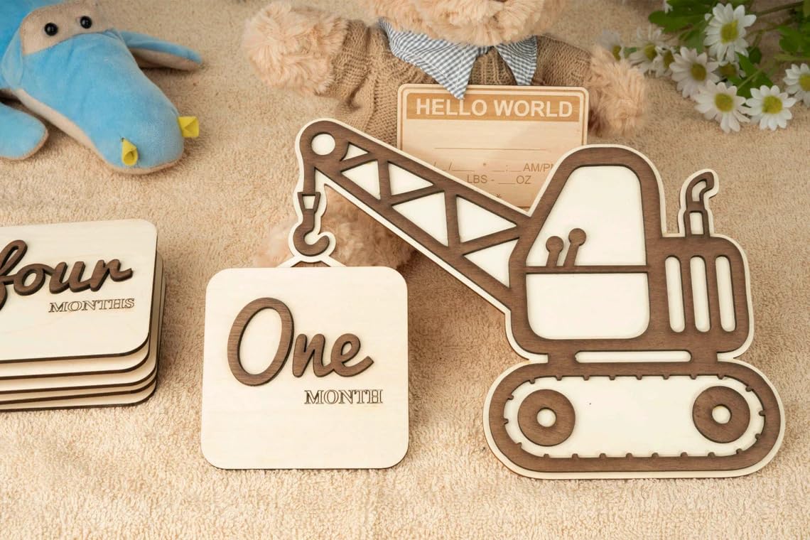 Set 1 Wooden Baby Monthly Milestone Crane Sign Set – Wooden Monthly Photo
