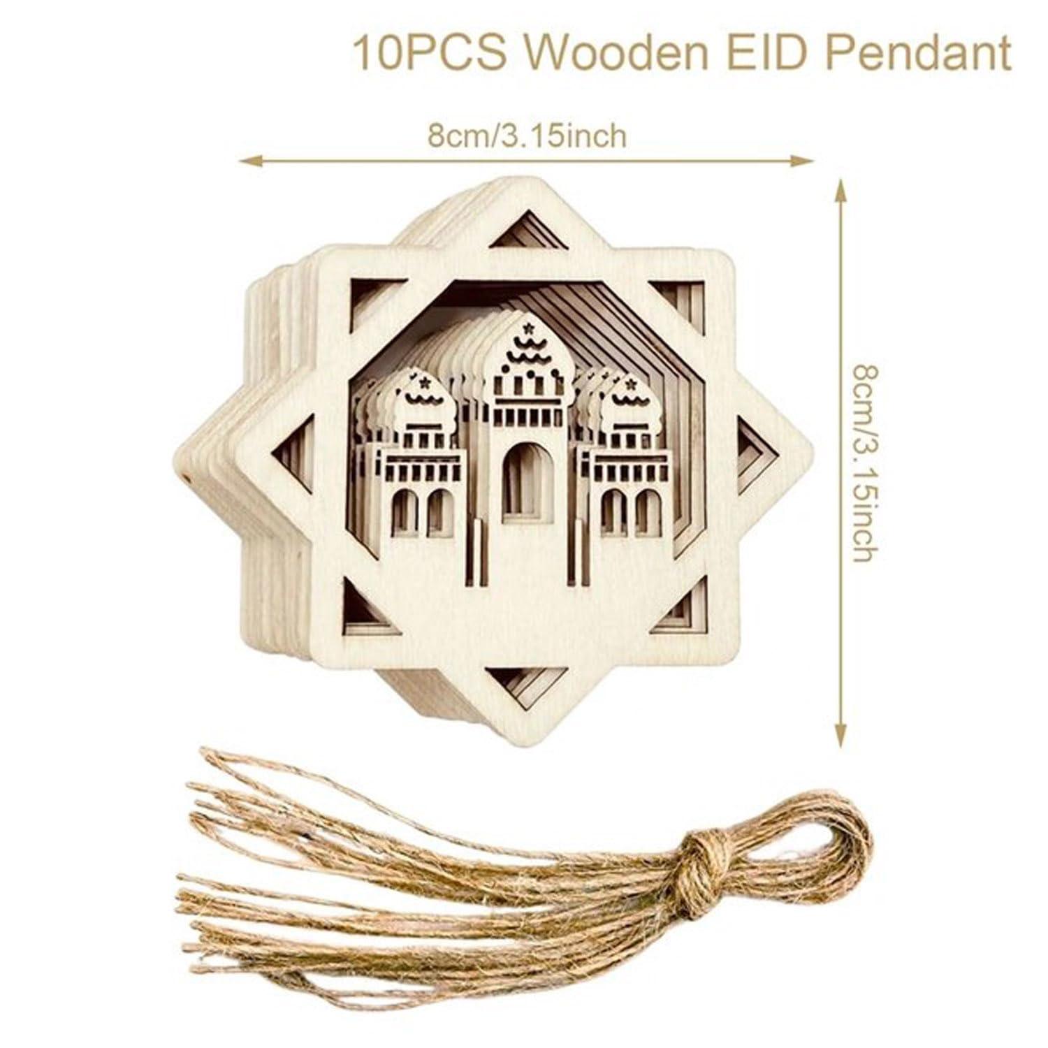 Haoser Set of 10 Eid Special Wooden Pendants, Islamic Festival Decorations, Crescent Moon and Star Design, Handcrafted Eid Mubarak Gifts, Wooden Eid Ornaments, Ramadan and Eid Home Decor - Haoser