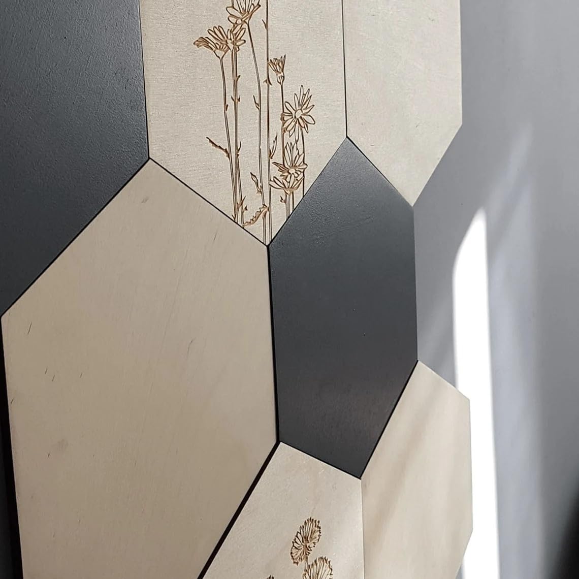 Pack of 8 Wooden Hexagon Wall Decor Set | Modern Geometric Wall Art Panels | Floral MDF Wall Hanging | Minimalist Wall Tiles for Home, Office, Living Room | Size 7.4x8.66 inch,