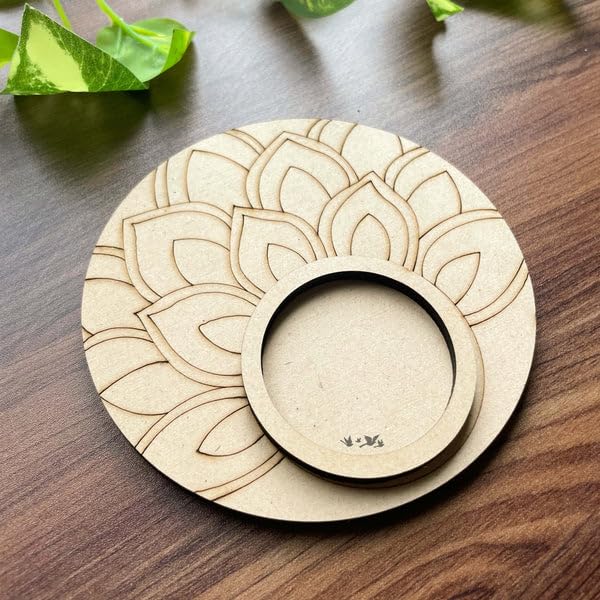 2 Pcs Wooden MDF Tea Light Holder 6x6 Inch – 3 Layered Nested Mandala Design Candle Holder for Diwali, Pooja, Home Decor