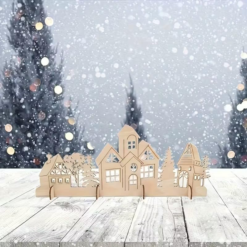 Wooden Christmas Village Display – Church, Cottage & Winter Forest Desktop Decoration