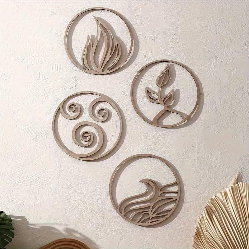 Set of 4 Bohemian Wooden Round Leaf Wall Decor | 2D Flat Decorative Wall Art Panels