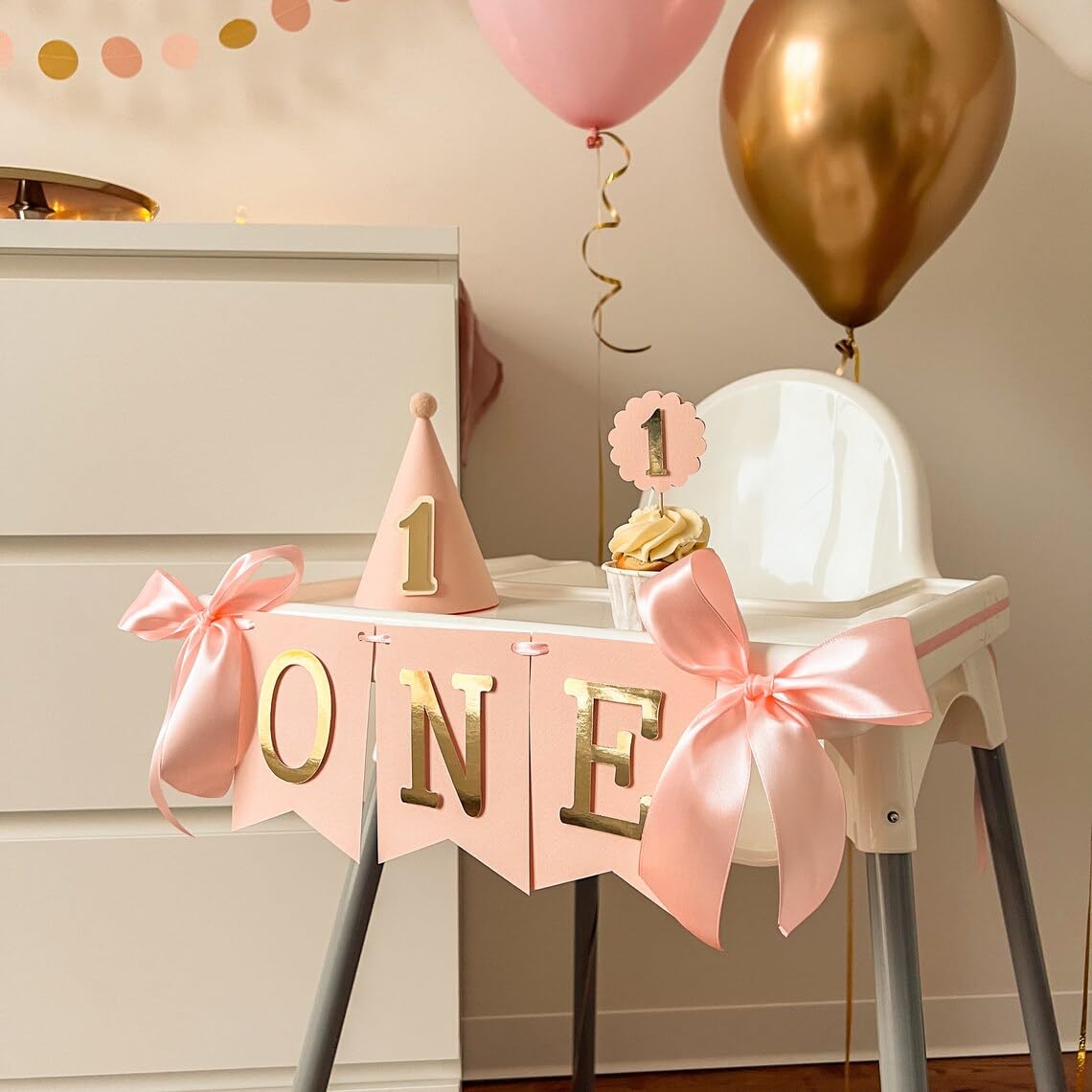 Chair Banner for Girl 1st Birthday – Blush Pink & Gold "ONE" Banner for Baby Girl First Birthday Decorations