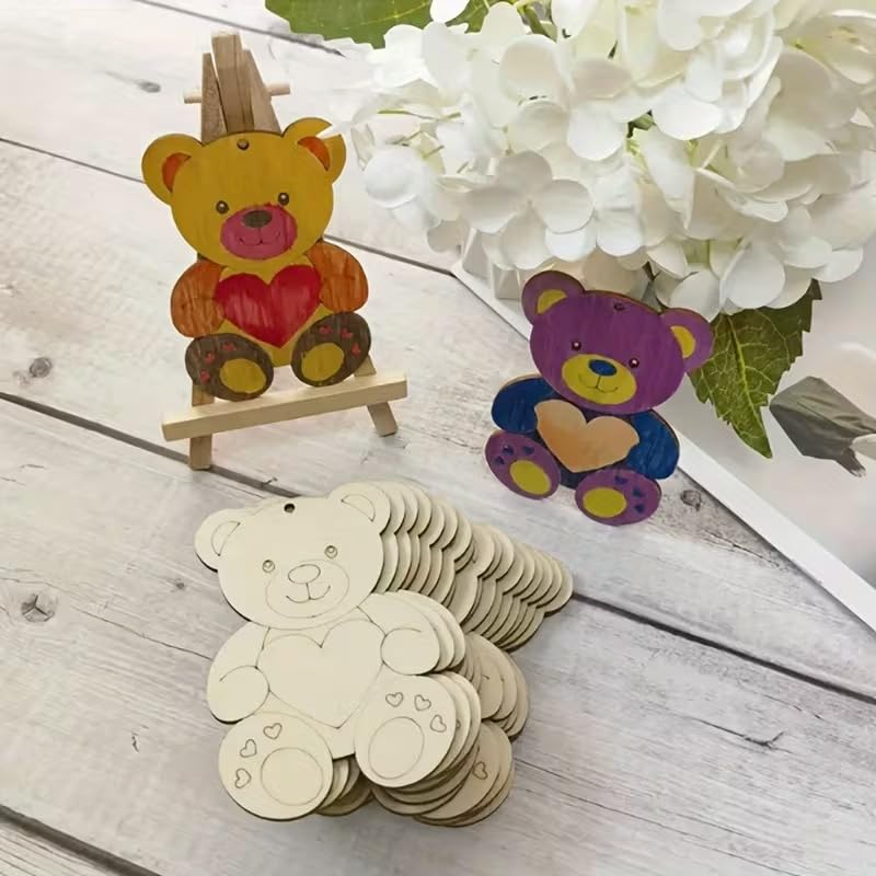12 Pcs Light Yellow Wooden Heart-Shaped Bear Cutouts