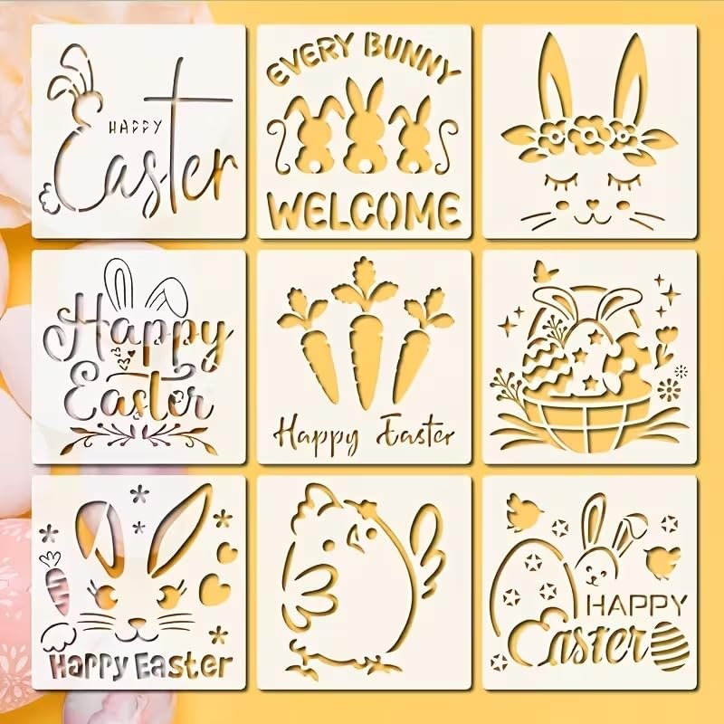 9 Pcs Reusable Easter Bunny & Egg Stencil Set | Plastic Templates with Happy Easter