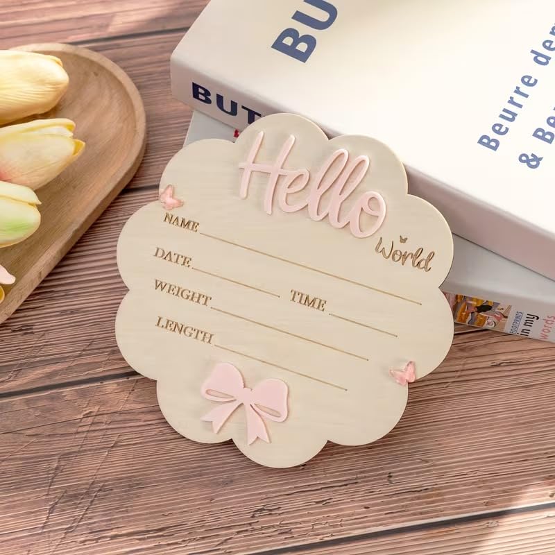 Floral Hello World Birth Announcement Board – MDF Newborn Photography Prop | Round Baby Milestone Sign