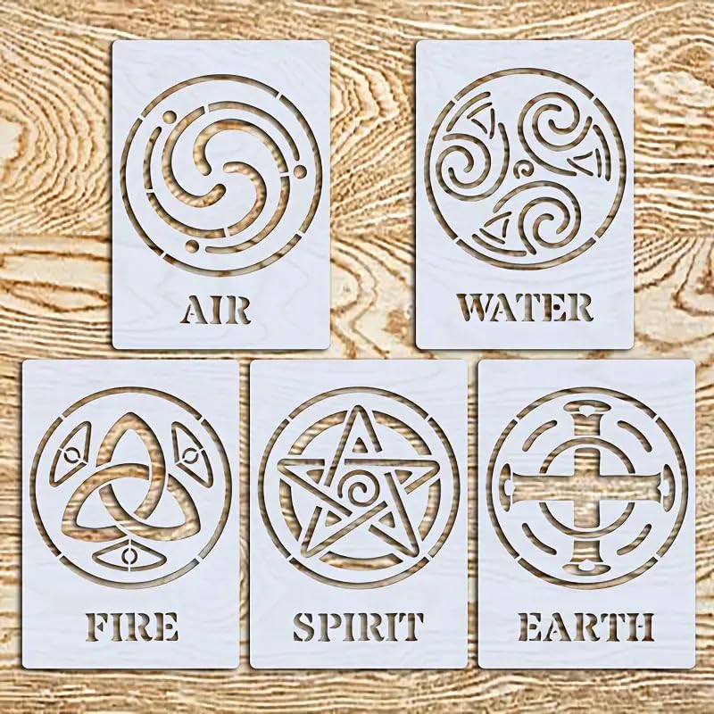 5 Pcs Celtic Stencils for Painting – Air, Water, Fire, Spirit, Earth Patterns – 8.27x5.83 Inch Reusable Polyethylene Templates for Wood, Canvas, Fabric, Walls, Scrapbooking & DIY Craft Projects