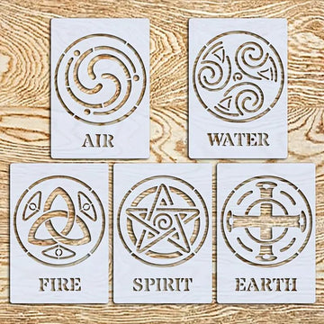 5 Pcs Celtic Stencils for Painting – Air, Water, Fire, Spirit, Earth Patterns – 8.27x5.83 Inch Reusable Polyethylene Templates for Wood, Canvas, Fabric, Walls, Scrapbooking & DIY Craft Projects