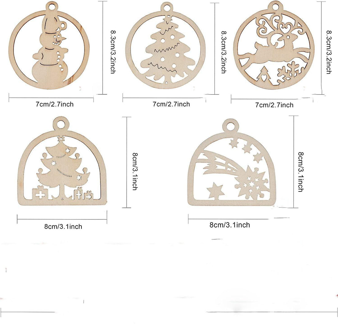 Haoser 20pcs Unfinished Wooden Hanging Ornaments for Christmas Decorations,5 Styles DIY Wood Slices with Holes for Kids Crafts Centerpieces Holiday Hanging Decorations - Haoser