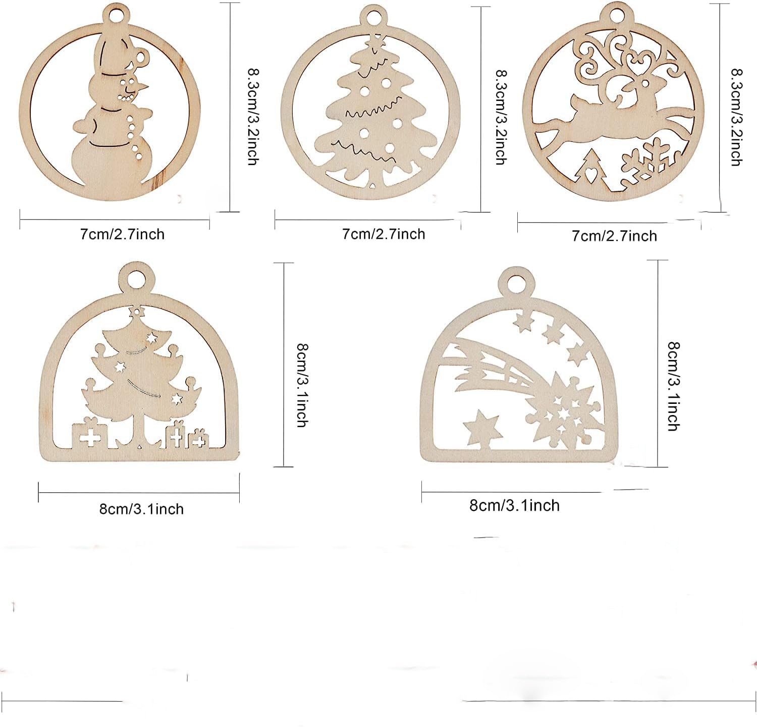 Haoser 20pcs Unfinished Wooden Hanging Ornaments for Christmas Decorations,5 Styles DIY Wood Slices with Holes for Kids Crafts Centerpieces Holiday Hanging Decorations