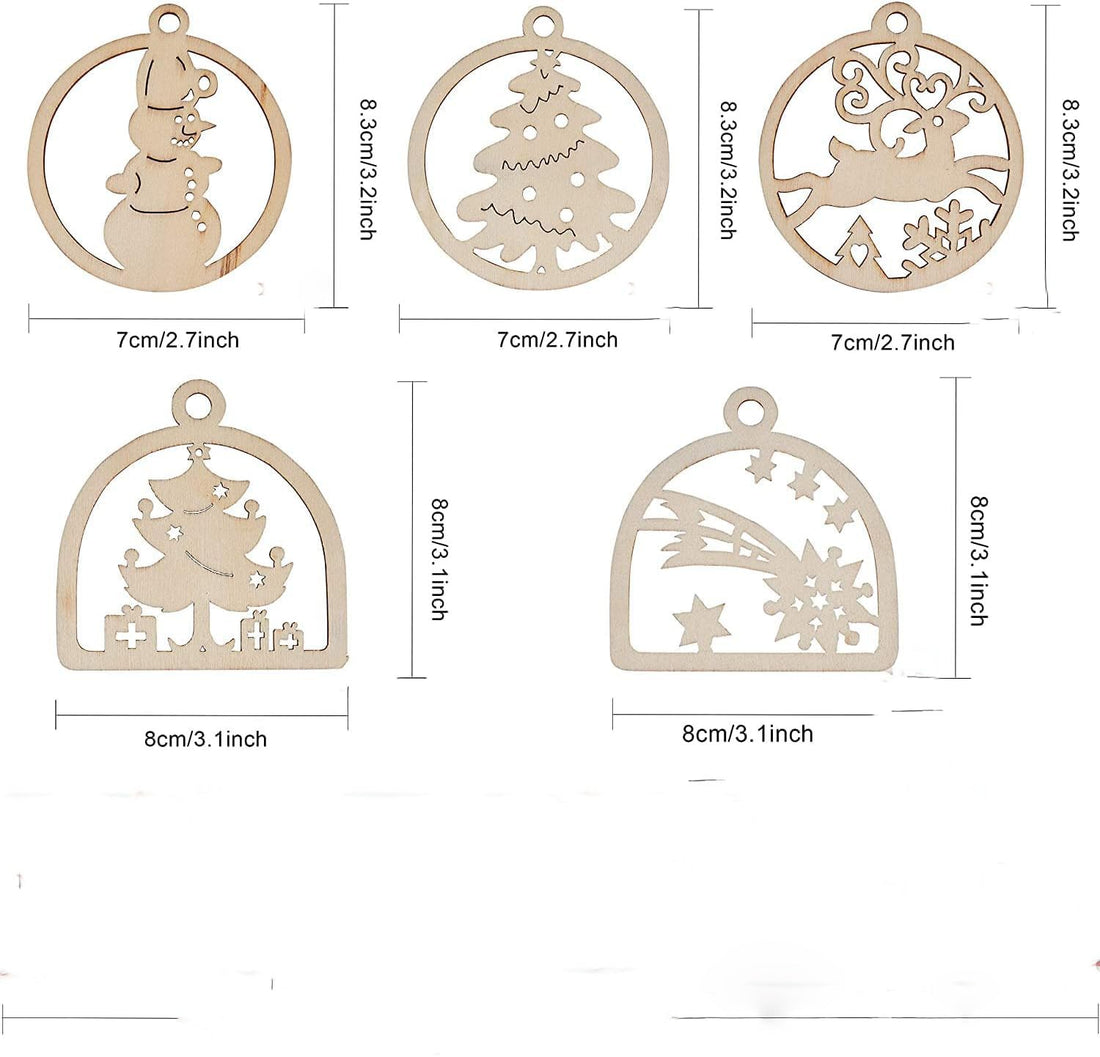 Haoser 20pcs Unfinished Wooden Hanging Ornaments for Christmas Decorations,5 Styles DIY Wood Slices with Holes for Kids Crafts Centerpieces Holiday Hanging Decorations