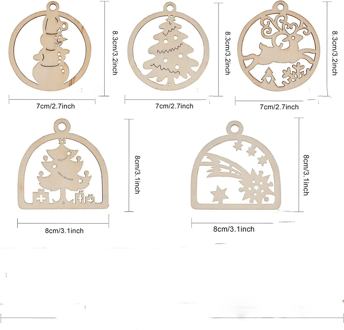Haoser 20pcs Unfinished Wooden Hanging Ornaments for Christmas Decorations,5 Styles DIY Wood Slices with Holes for Kids Crafts Centerpieces Holiday Hanging Decorations