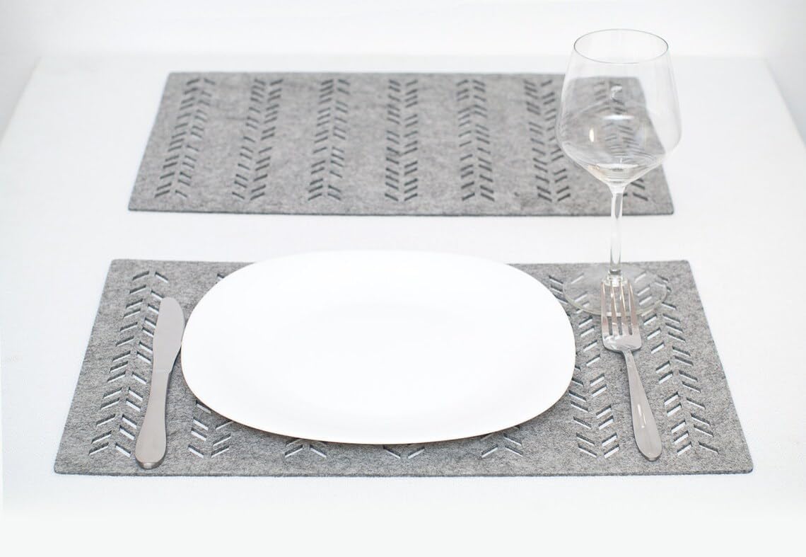 Set of 4 Grey Felt Placemats | Chevron Pattern Rectangle Dining Table Mats