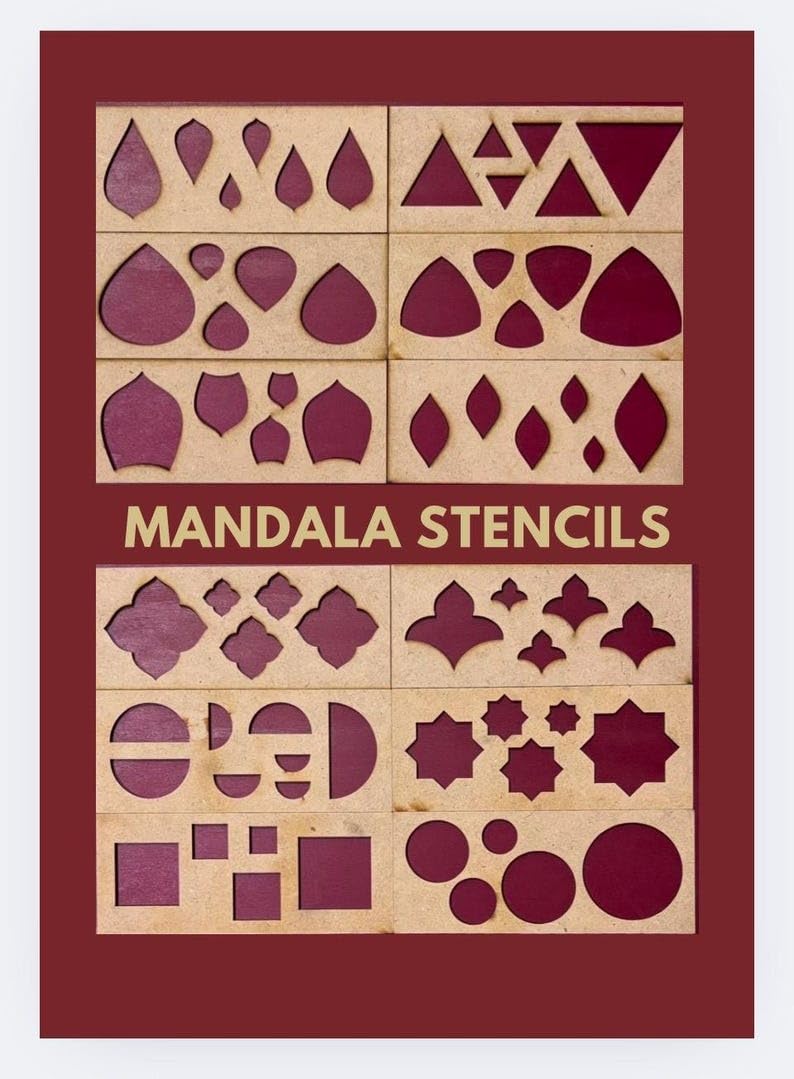 Mandala Art Stencils Set – 12 Unique Shapes in Different Sizes | MDF Stencil Kit for Dot