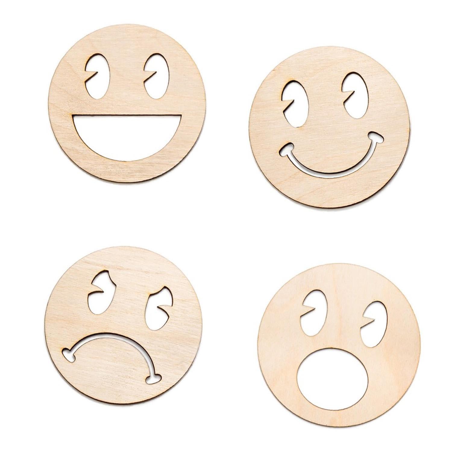 Curious Button Express Your Creativity with Unfinished Wooden Emoji Face Cutouts, Set of 4 Blank DIY Wood Shapes for Crafts, Painting, and Decorating - Ideal for Kids' Art Projects, and More - Haoser