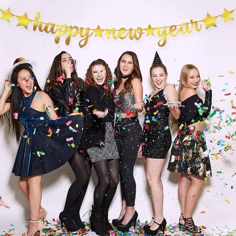 Golden Paper Happy New Year Banner – 6 Feet Paper Party Decoration Golden Letters & Stars, Durable Hanging Décor for 2026 New Year’s Events