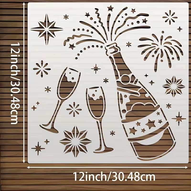 Champagne & Wine Theme Stencil Template – 12-Inch Plastic Stencils Champagne, Glasses, Fireworks & Stars for Wall, Fabric, Furniture Painting, Wedding Party & New Year