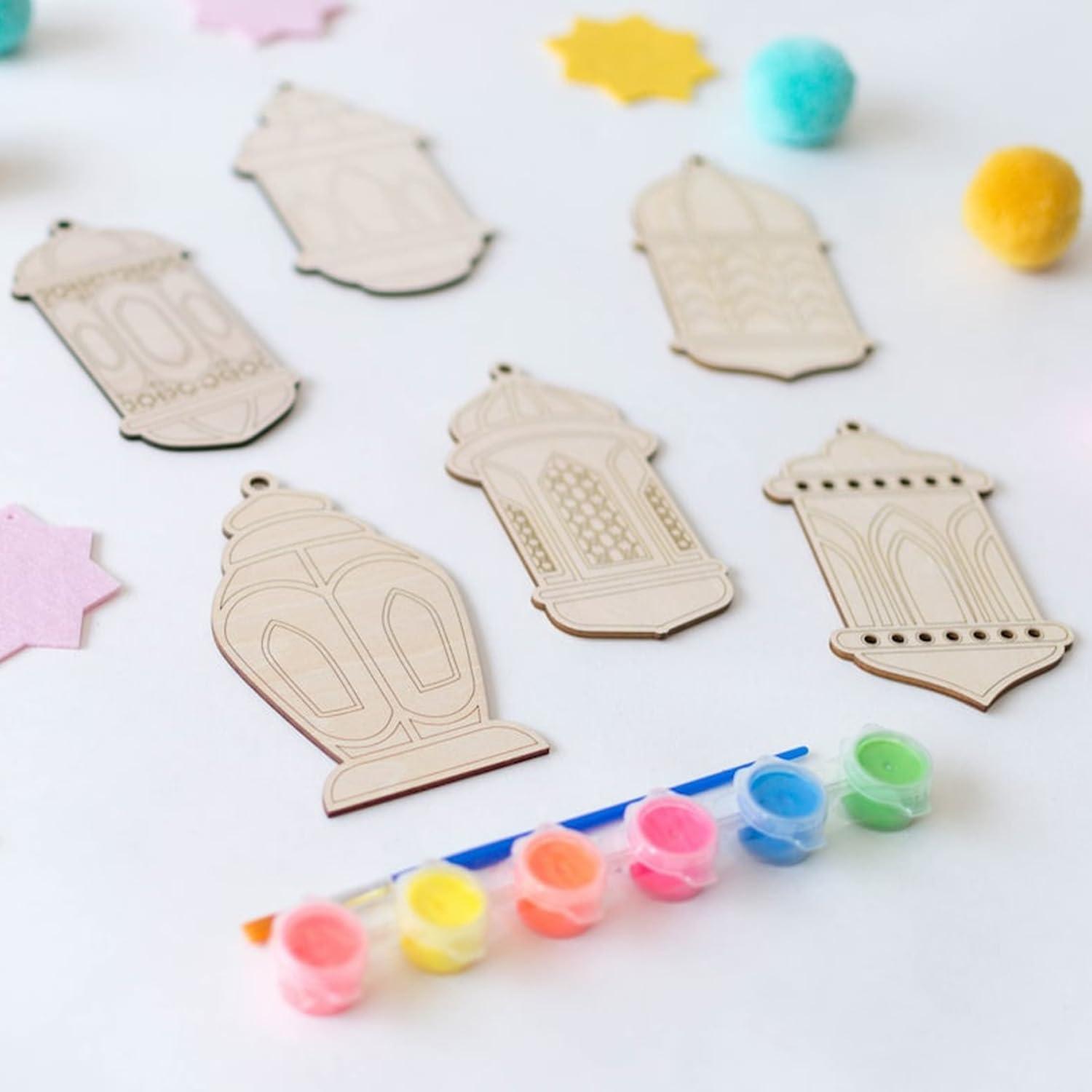 Curious Button Unfinished Wooden DIY Craft Banner Lantern Shape, Paint Your Own Lanterns, Eid Gifts Wooden Decorative Items, Ramadan Wooden DIY Craft Lantern Cutouts - Haoser