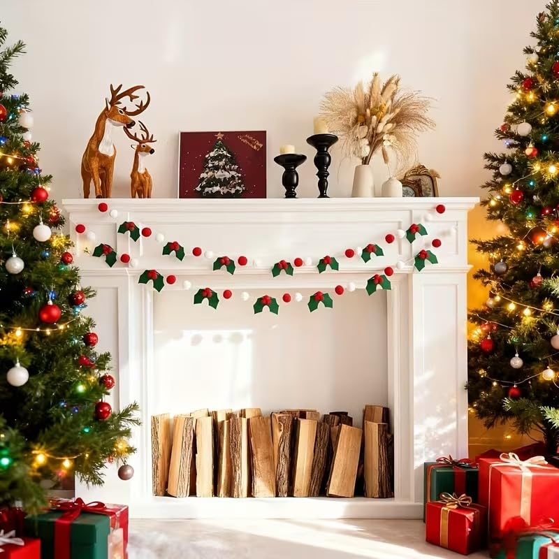 2 pcs Felt Holly Berry Garland with Red Berries & White Pompoms