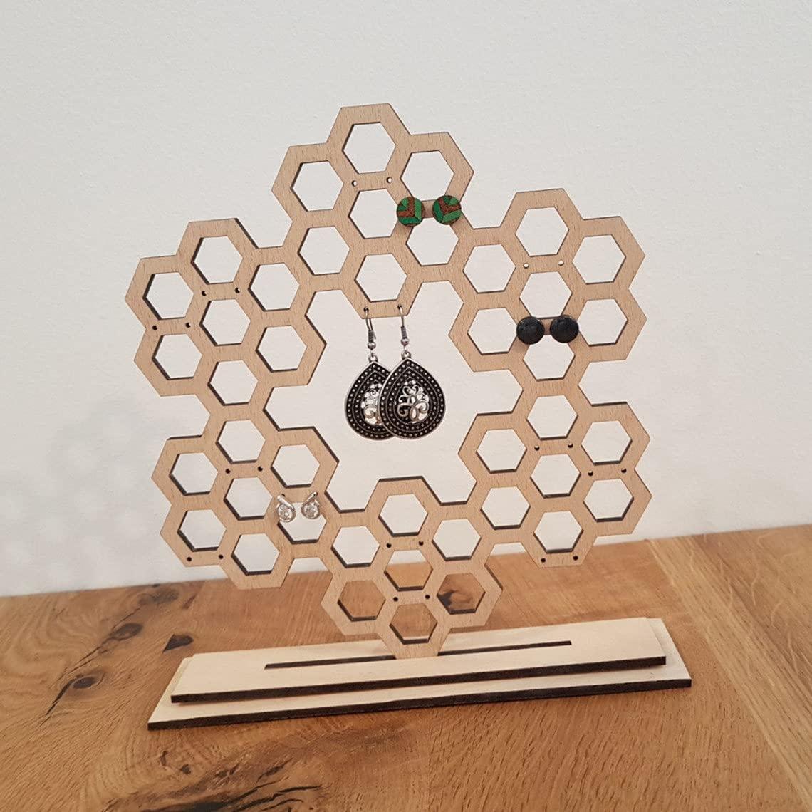 Haoser Wooden Earring Display Stand, Honeycomb Earring Organizer Earring Display Wood Hanging Jewelry Organizer for Stud Earrings (Earring Holder-7) - Haoser