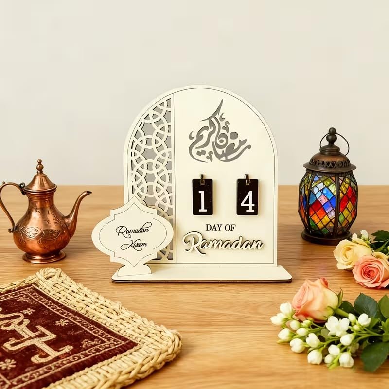 Wooden Ramadan Countdown Calendar Set | Ramadan Kareem Flip Numbers Tabletop Decor
