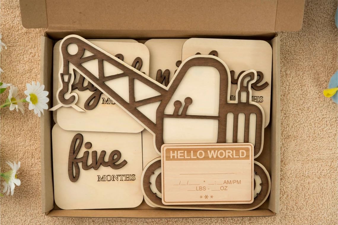 Set 1 Wooden Baby Monthly Milestone Crane Sign Set – Wooden Monthly Photo