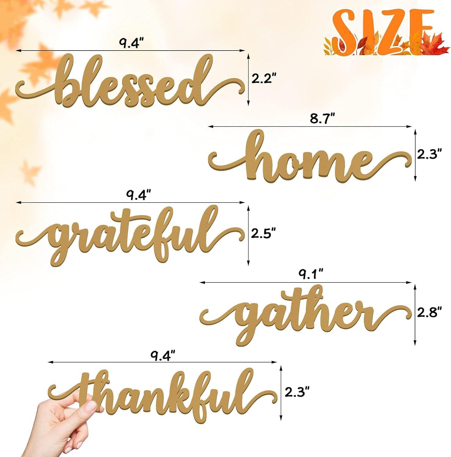 Haoser Thanksgiving Gold Wooden Table Word Place Setting 5 PCS Thankful Grateful Blessed Gather Home Tablescape Words Laser Cut Wood Plate Letter Sign Farmhouse Table Signs Decor Dining - Haoser
