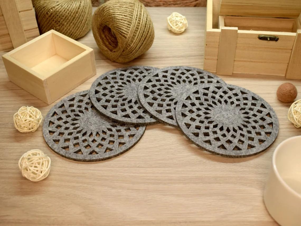 Felt Coasters Set of 4 | 4.7 Inch Round Geometric Felt Coasters | Table Drink Coasters for Bar, Coffee Mugs, Cups & Furniture Surface Protection