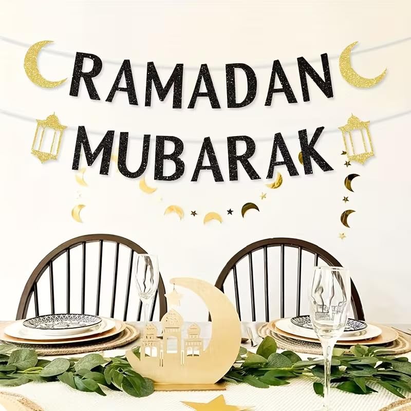 Ramadan Mubarak Paper Banner with Glitter Moon & Lantern | Islamic Eid al-Fitr & Ramadan Party Decorations | English Text Hanging Banner for Muslim Home, Mosque & Iftar | Letter Height 5.91 Inch