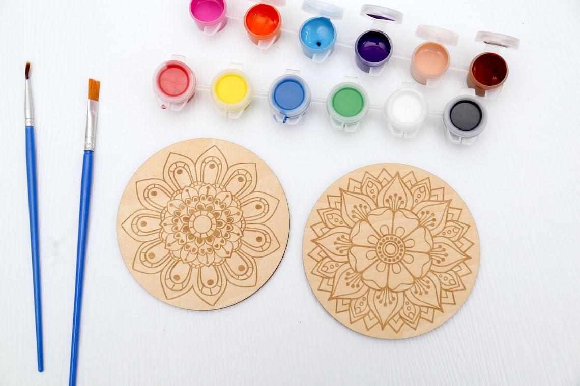 Curious Button Unfinished Wooden Mandala Coaster for DIY, 10cm Pack of 4 Round Wooden Pine MDF Cutouts Unfinished Engraved Coaster Cutouts, Painting Wood Craft, MDF Plains, DIY Art Work (Pattern-A) - Haoser