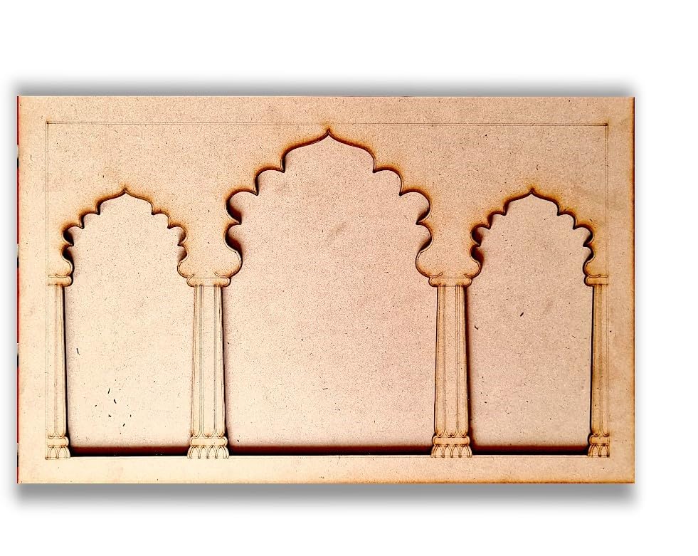 Wooden MDF Triple Jharokha Cutout – 12x7 Inch Pine MDF Craft Base | Unfinished Wooden Wall Art Frame for Painting, DIY, Festive & Home Decoration